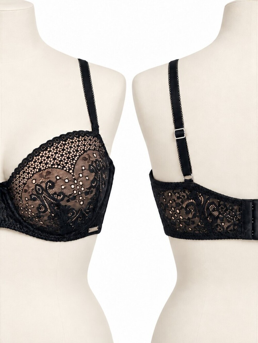 Tahari Black Lace Underwire Bra 38C Blush Lined Molded Cups Adjustable Straps